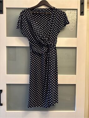 Chaps Navy White Polka Dot Faux Wrap Midi Dress Small